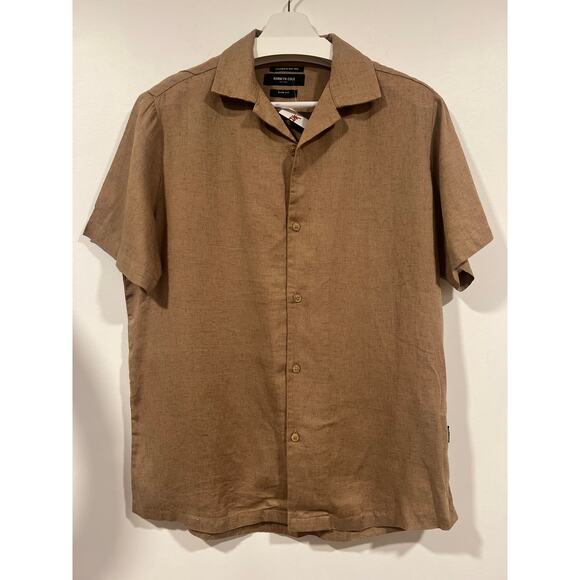 Mens NWT Kenneth Cole Linen Blend Casual Button up Small Tan - Picture 2 of 6